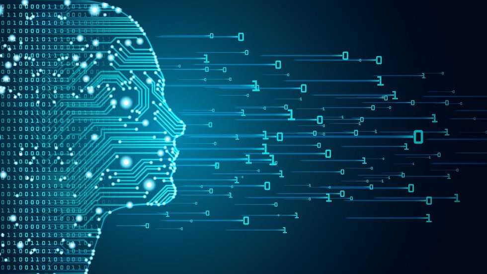 Big data and artificial intelligence concept. Machine learning and cyber mind domination concept in form of women face outline outline with circuit board and binary data flow on blue background. grafika przedstawia zarys ludzkiej twarzy wykonany z cyfr