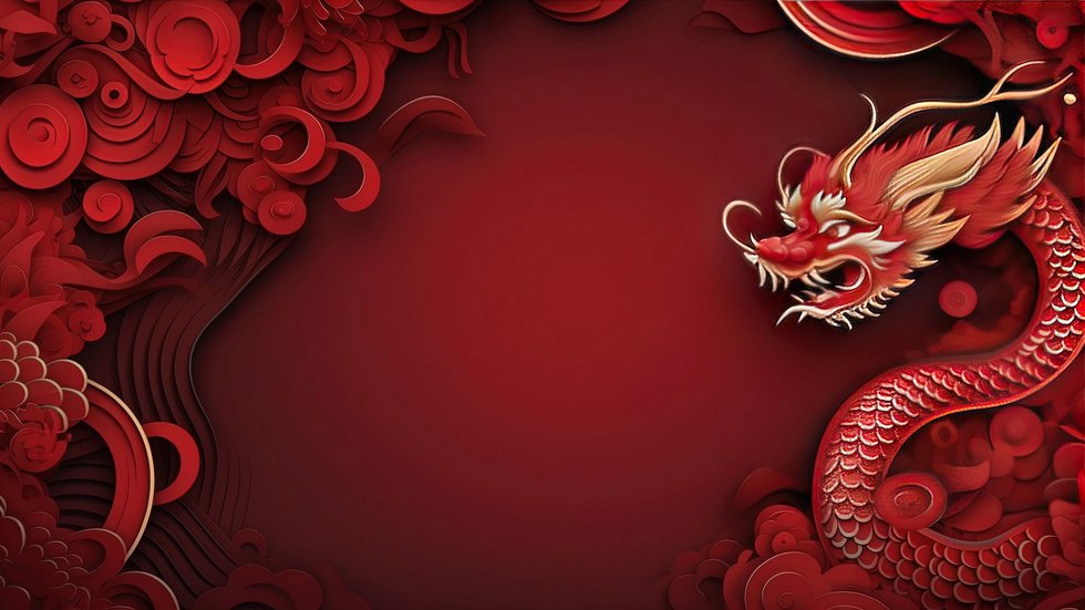 Happy chinese new year, year of the dragon zodiac sign hanging beautiful lantern and flowers on red background. Copy space Grafika - ornamenty chińskie